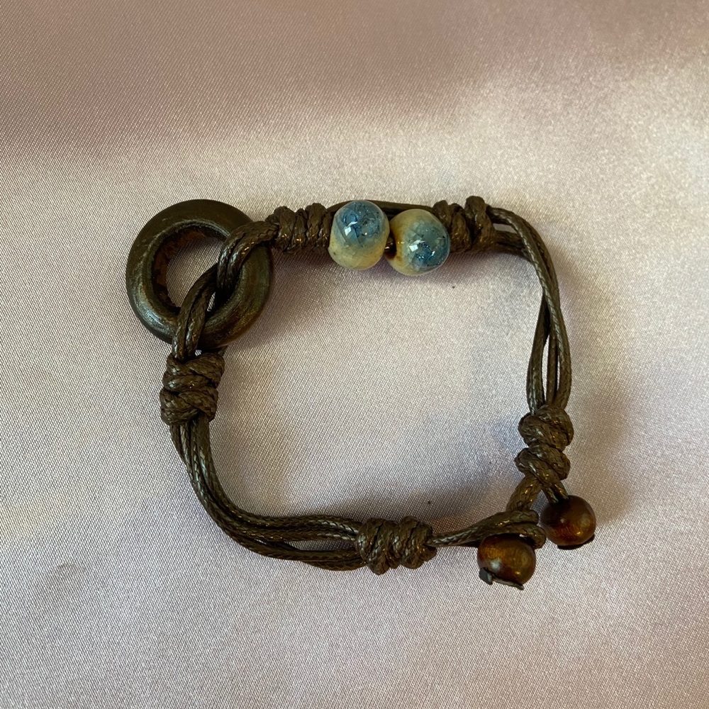 Ceramic Bead Charm Wood Bracelet BOHO Bolo - Picture 2 of 9